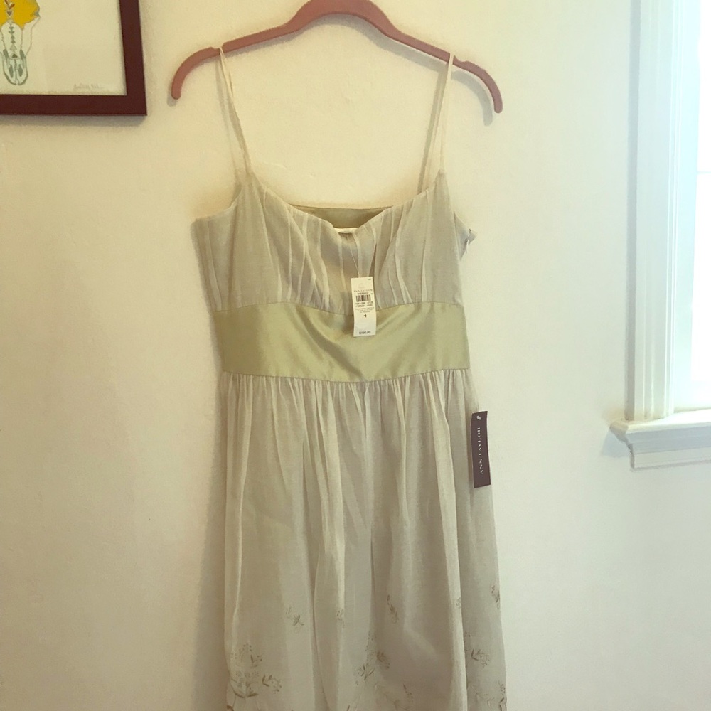 NWT Pale Green Linen & Satin Embroidered Dress 🌿